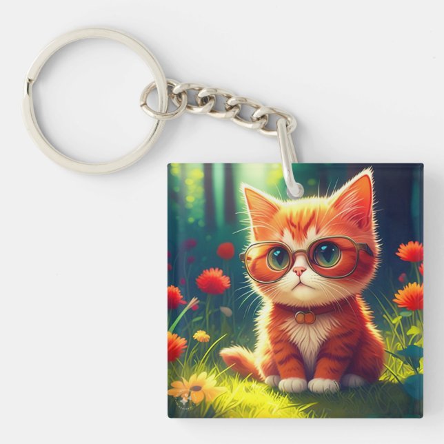 Cute Red Kitten Wearing Glasses-365478 Keychain (Front)