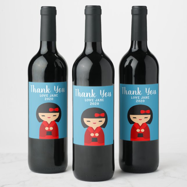 Cute Red Kokeshi Japanese dolls Wine Label (Bottles)
