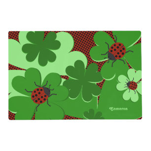 Cute Red Lady Bug Green Clover Leaves Name Placemat