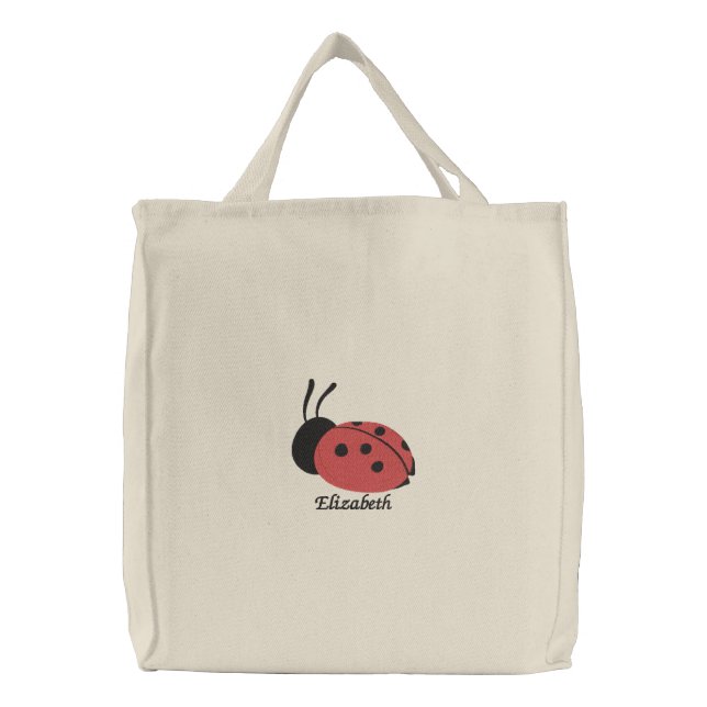 Cute Red Lady Bug Personalized Embroidered Tote Bag (Front)