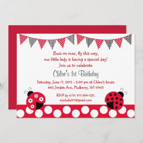 Cute Red Ladybug 1st Birthday Invitation