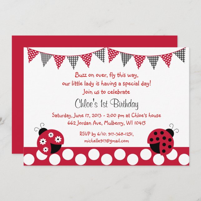 Cute Red Ladybug 1st Birthday Invitation (Front/Back)