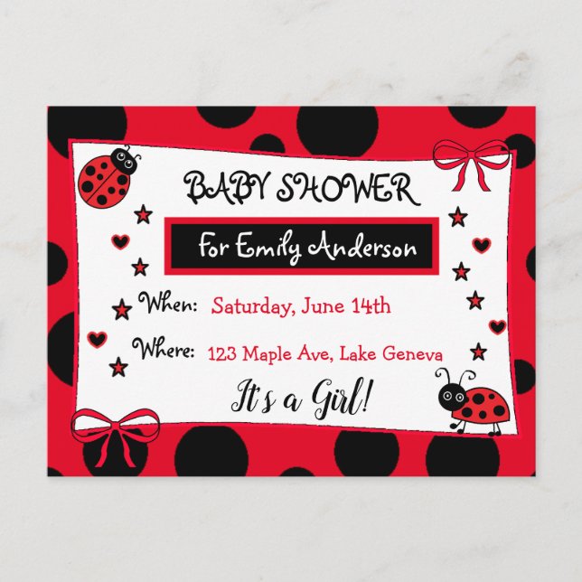 Cute Red Ladybug Baby Shower Invitation Postcard (Front)