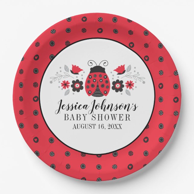 Cute Red Ladybug Baby Shower Paper Plates (Front)