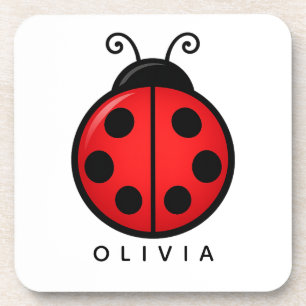 Cute Red Ladybug Custom Name Graphic Art Beverage Coaster