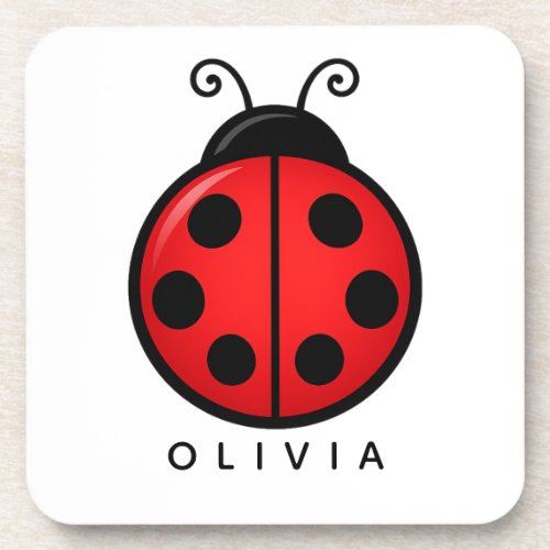 Cute Red Ladybug Custom Name Graphic Art Beverage Coaster