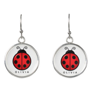 Cute Red Ladybug Custom Name Graphic Art Earrings