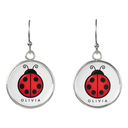 Cute Red Ladybug Custom Name Graphic Art Earrings