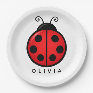 Cute Red Ladybug Custom Name Graphic Art Paper Plates