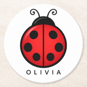 Cute Red Ladybug Custom Name Graphic Art Round Paper Coaster