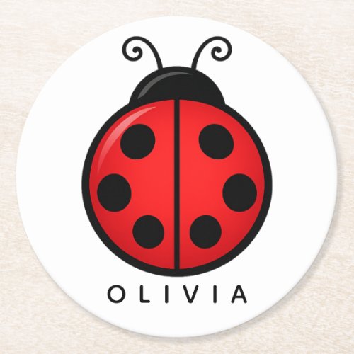 Cute Red Ladybug Custom Name Graphic Art Round Paper Coaster