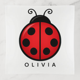 Cute Red Ladybug Custom Name Graphic Art Trinket Tray