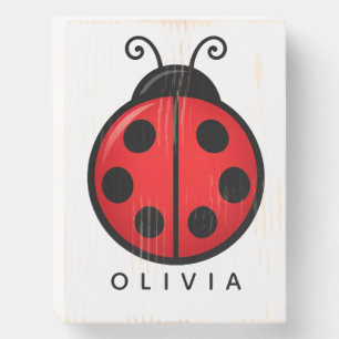Cute Red Ladybug Custom Name Graphic Art Wooden Box Sign