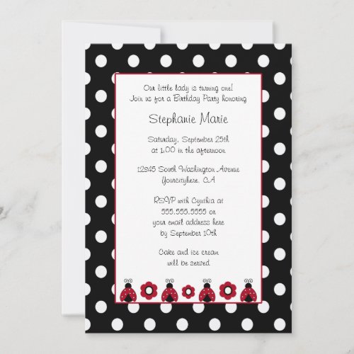 Cute red ladybug flowers birthday party invitation