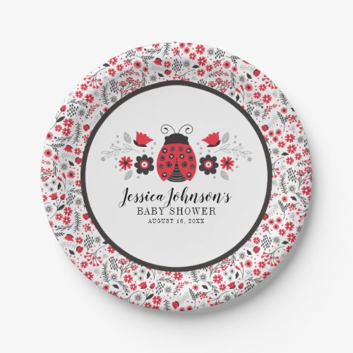 Cute Red Ladybug Girl Baby Shower Paper Plate