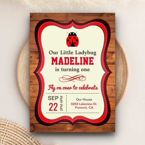 Cute Red Ladybug Girls First 1st Birthday Party Invitation