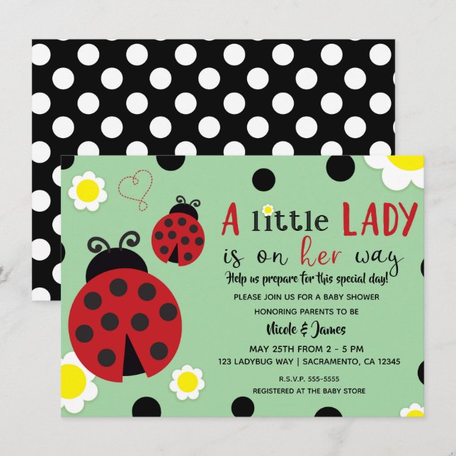 Cute Red Ladybug Green Flowers Girls Baby Shower I Invitation (Front/Back)