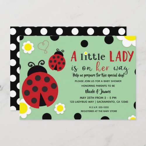 Cute Red Ladybug Green Flowers Girls Baby Shower I Invitation