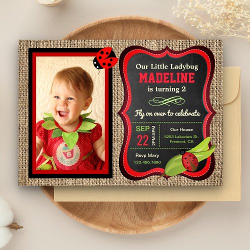 Cute Red Ladybug Kids Birthday Party Photo Invitation