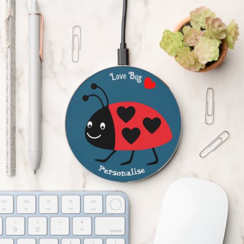 Cute Red Ladybug Love Bug Hearts Teal Blue Wireless Charger