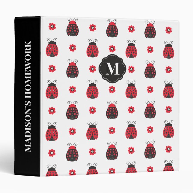 Cute Red Ladybug Monogram Homework 3 Ring Binder (Front/Spine)
