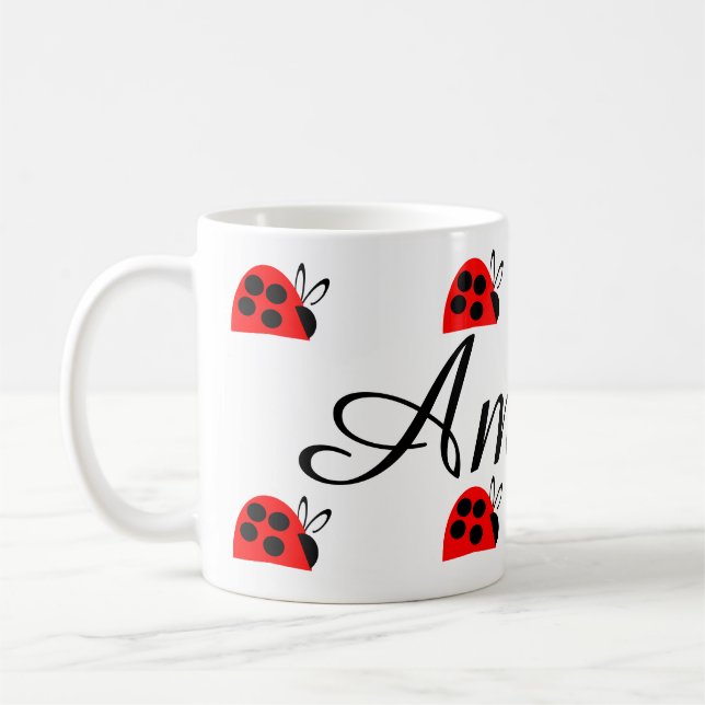 Cute Red Ladybug Personalized Coffee Mug (Left)