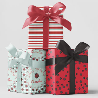 Cute Red Ladybug Personalized Kids Birthday Wrapping Paper Sheets
