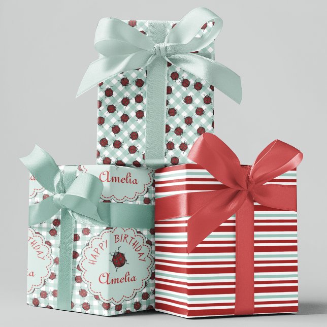 Cute Red Ladybug Personalized Kids Birthday Wrapping Paper Sheets (Colorful Ladybugs Custom Gift Wrap. Editable Text. Hand-Drawn Ladybug Beetles on Turquoise Gingham.)