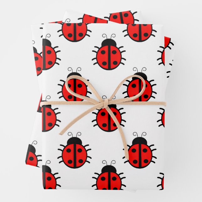 Cute Red Ladybugs Pattern and Cheerful Insect Wrapping Paper Sheets (In situ)