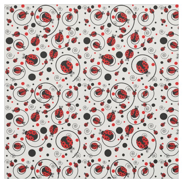Cute Red Ladybugs Polka Dots Swirls Pattern Fabric (Swatch)