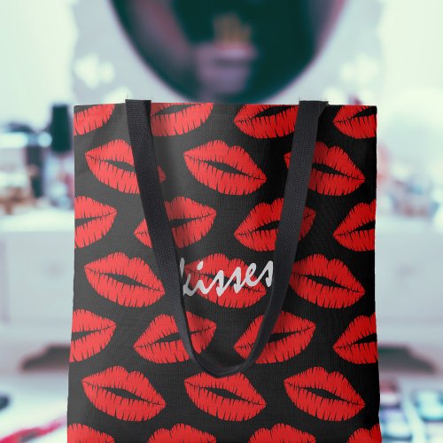 Cute Red Lipstick Kiss Lips Pattern Black Custom Tote Bag