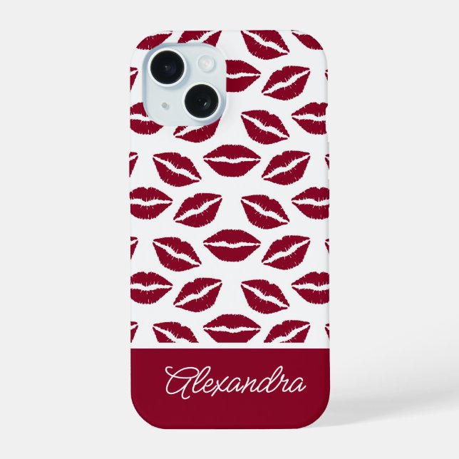 Cute Red Lipstick Kisses Script Name Iphone Case (Back)