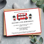 Cute Red London Bus Kids Birthday Party Invitation<br><div class="desc">Cute London Themed Birthday Party Invitation featuring a red double-decker bus,  palace guard,  and police man.  Back has a red background and has customizable text and age.</div>