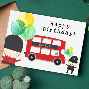 Cute Red London Bus Theme Kids Birthday Card
