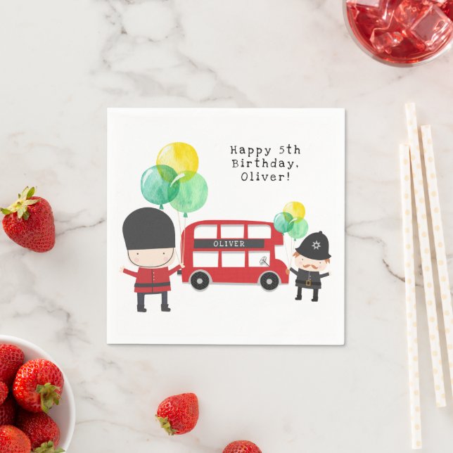 Cute Red London Bus Theme Kids Birthday Napkins (Insitu)
