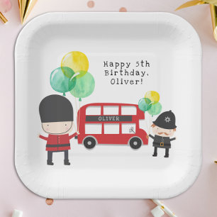 Cute Red London Bus Theme Kids Birthday Paper Plates