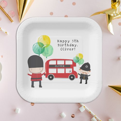 Cute Red London Bus Theme Kids Birthday Paper Plates