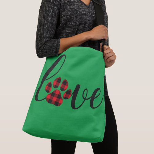 Cute Red Love Plaid Paw Print Christmas Tote Bag