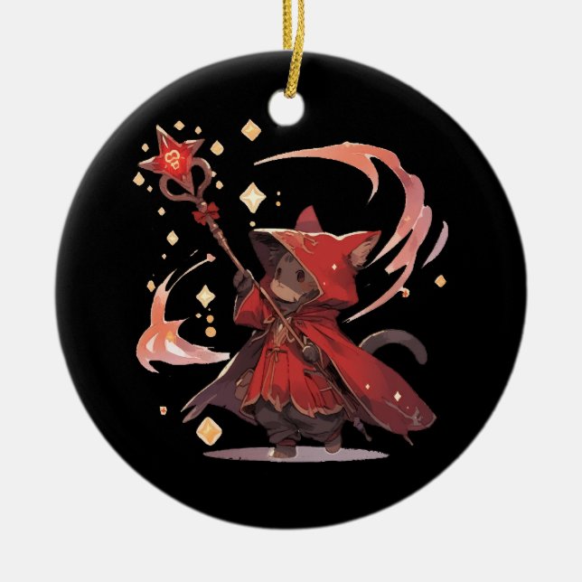 Cute Red Mage Cat Hero Ceramic Ornament (Front)
