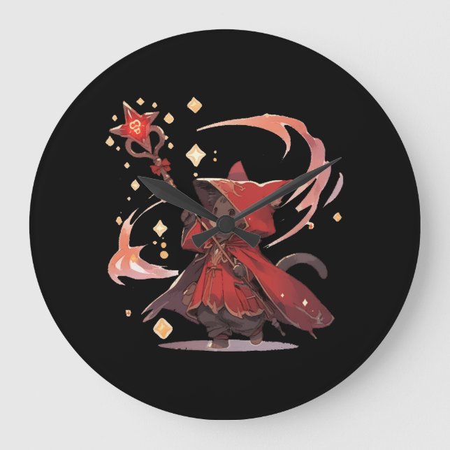 Cute Red Mage Cat Hero Large Clock (Front)