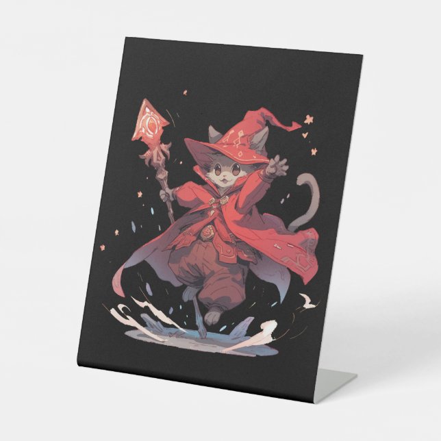Cute Red Mage Cat Hero Pedestal Sign (Front)