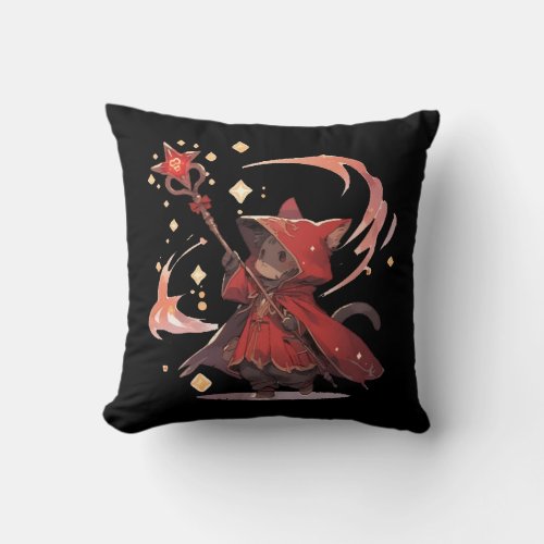 Cute Red Mage Cat Hero Throw Pillow