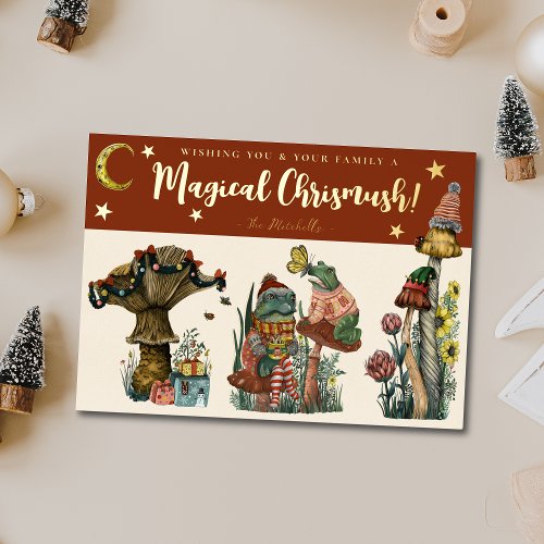 Cute Red Magical Mushroom Merry Christmas  Foil Ho Foil Holiday Card