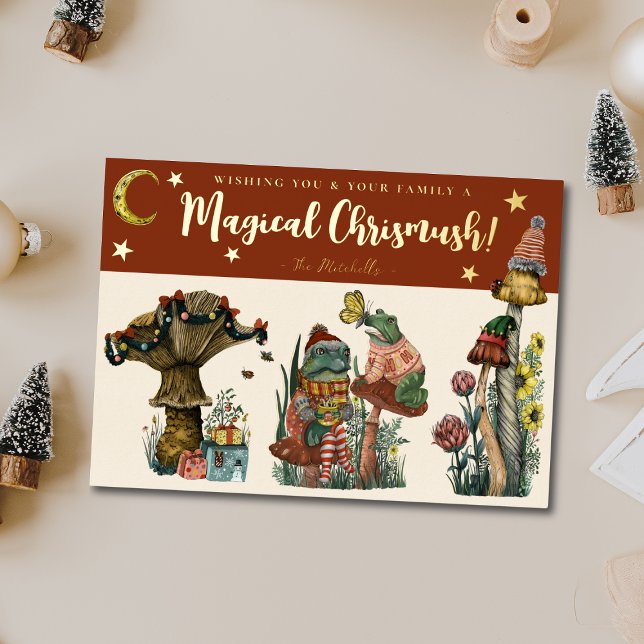 Cute Red Magical Mushroom Merry Christmas  Foil Ho Holiday Card (Creator Uploaded)