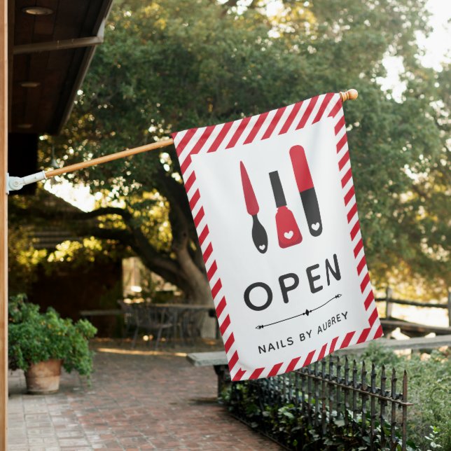 Cute Red Manicurist Nail Artist Open House Flag (In SItu)