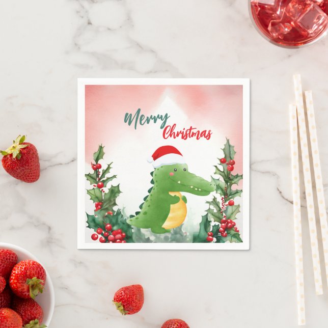 Cute Red Merry Christmas alligator Santa Xmas part Napkins (Insitu)