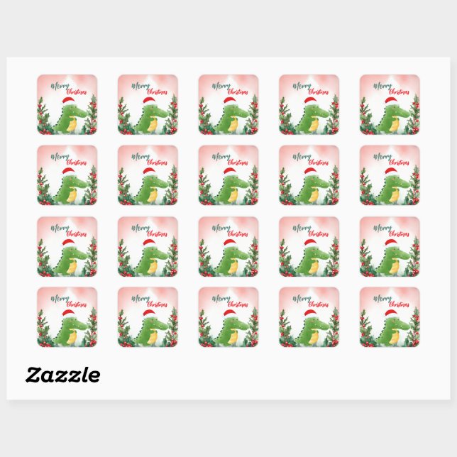Cute Red Merry Christmas alligator Santa Xmas part Square Sticker (Sheet)