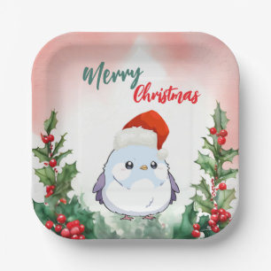 Cute Red Merry Christmas Bird Santa Xmas party Paper Plates