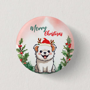 Cute Red Merry Christmas dog puppy Santa Xmas part Button