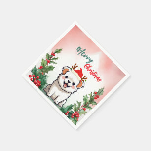 Cute Red Merry Christmas dog puppy Santa Xmas part Napkins